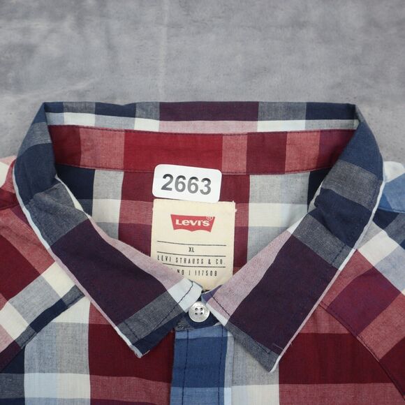 Levis Shirt Mens XL Extra Blue Red Plaid Pearl Snap Button Pockets Dress Work - Picture 8 of 16